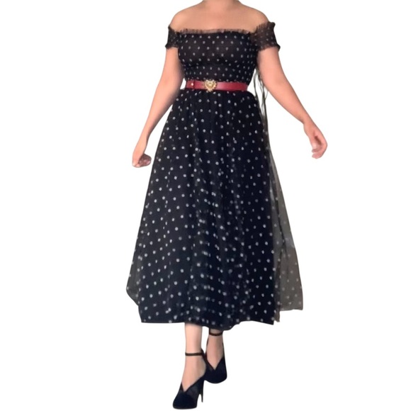 Elise - Elegant Black Polka Dot Off-Shoulder Dress - Small - Picture 3 of 14